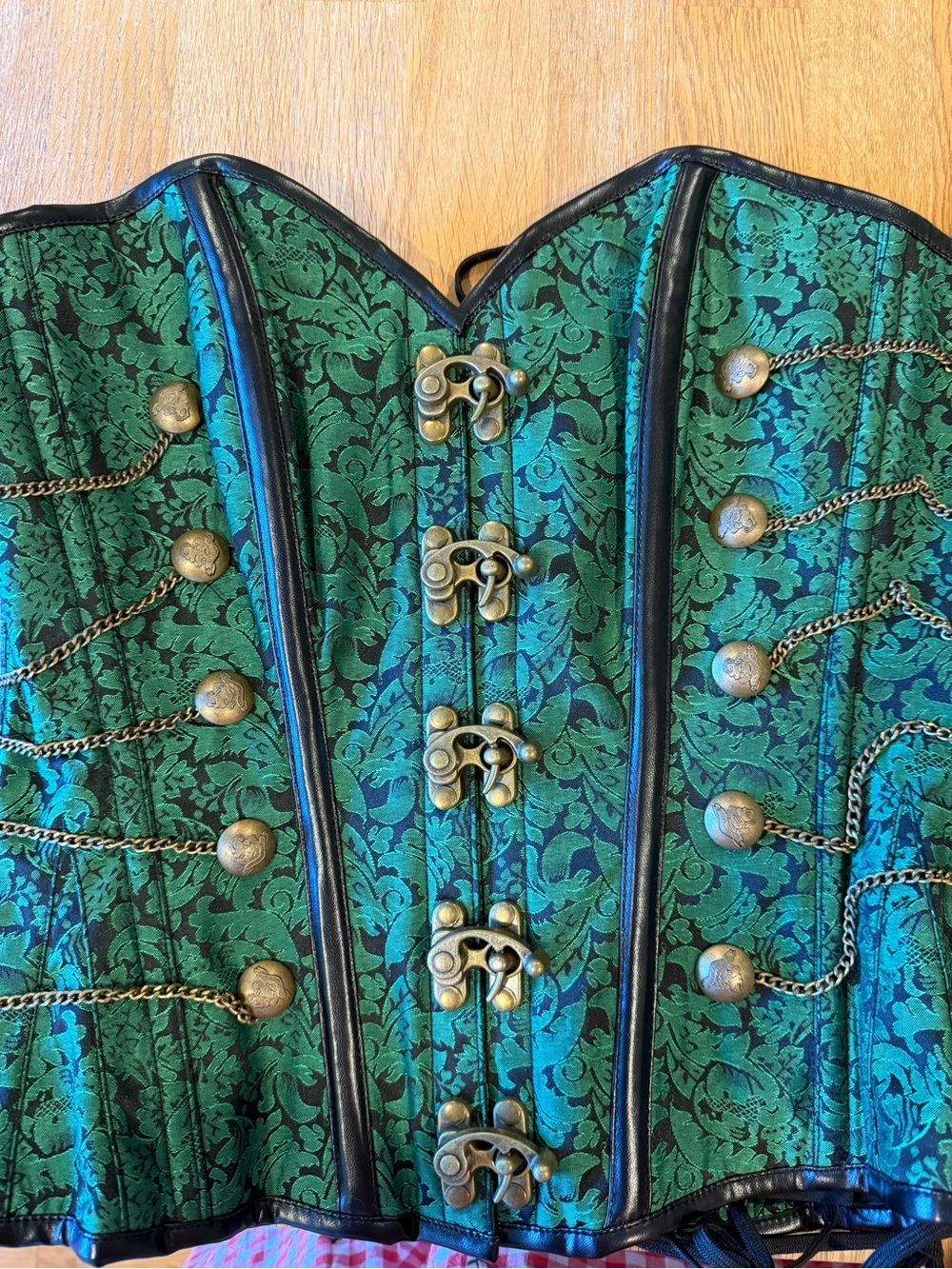 Green Brocade Underbust Corset Top with Antique Brass Hardware